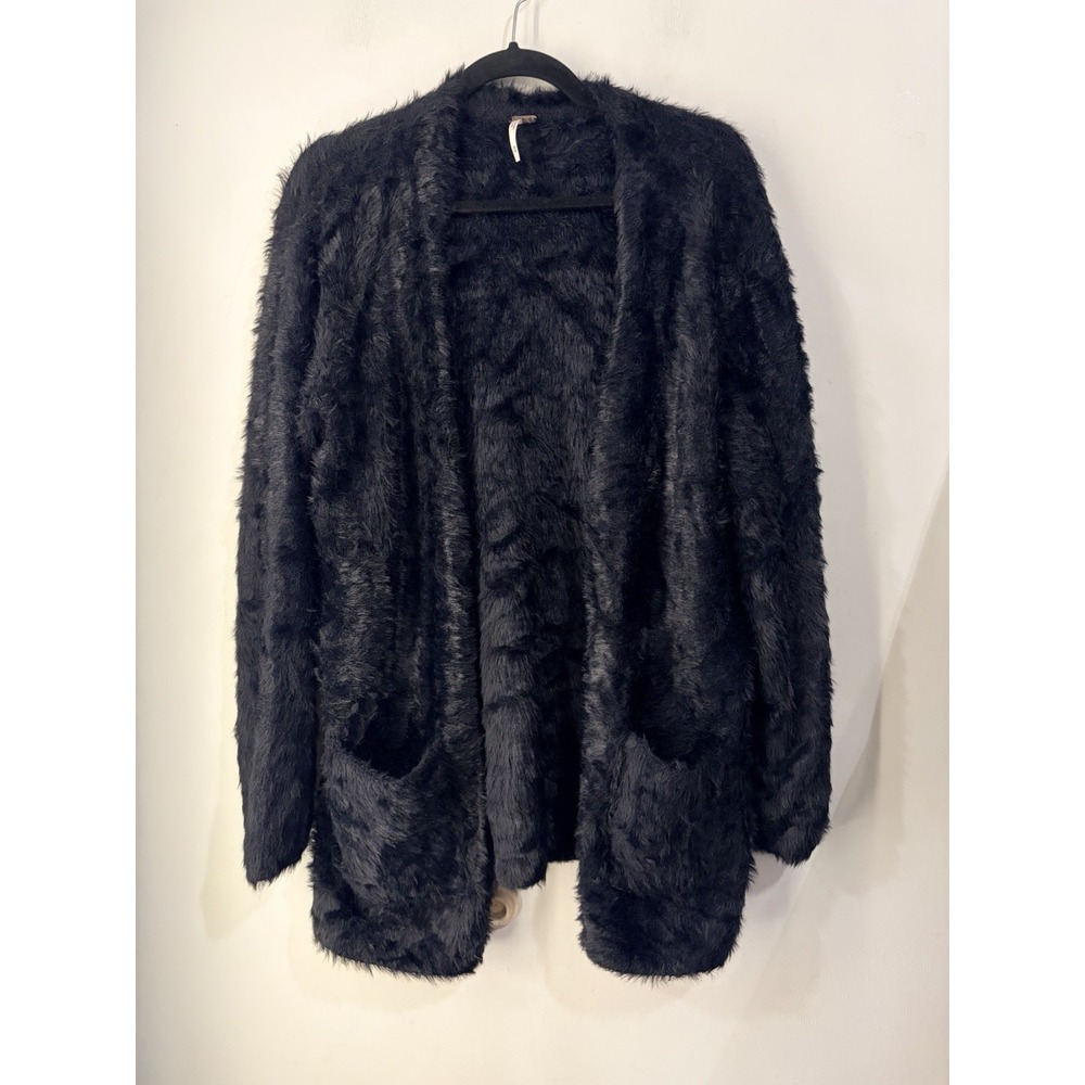 Free People Black Faux Fur Open Front‎ Cardigan Sweater Jacket Women's M